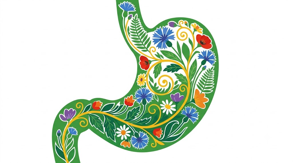 A flat folk-art vector illustration of a human stomach filled with cornflowers, daisies and fern fronds.
