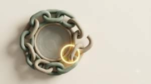 Overhead flat lay of a matte clay basin encircled by a sage-green interlocking chain with one open link glowing bright gold.