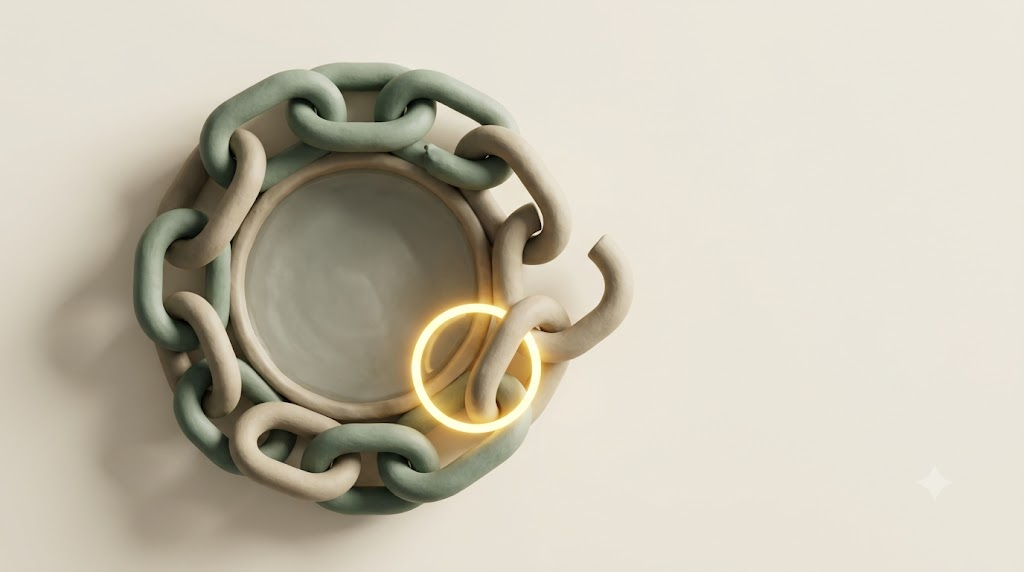 Overhead flat lay of a matte clay basin encircled by a sage-green interlocking chain with one open link glowing bright gold.