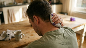 View from behind of a person holding a cloth wrapped ice pack against the back of their neck at a kitchen table in low morning sun.