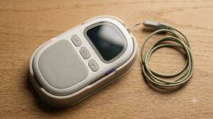 An overhead flat lay of a small pale handheld wellness device with a coiled lanyard on an oak surface.