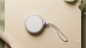 An overhead product photograph of a small plain round handheld magnet on a short cord laid on fine linen cloth.