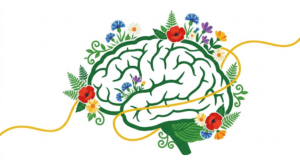 A flat vector folk-art illustration of a human brain in profile with clusters of stylised flowers along its outline.