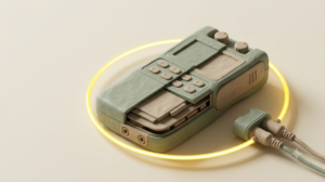 A sculpted matte clay TENS unit device, marked by one bright golden light element.