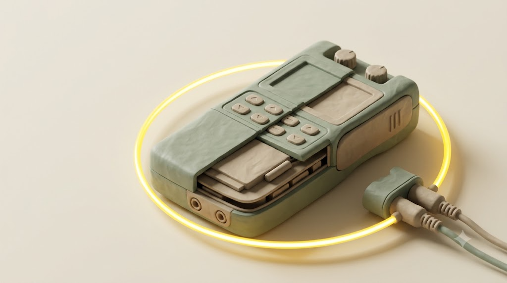 A sculpted matte clay TENS unit device, marked by one bright golden light element.