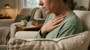 A person hums low in a deep armchair with one hand resting flat on their throat in warm lamplight.