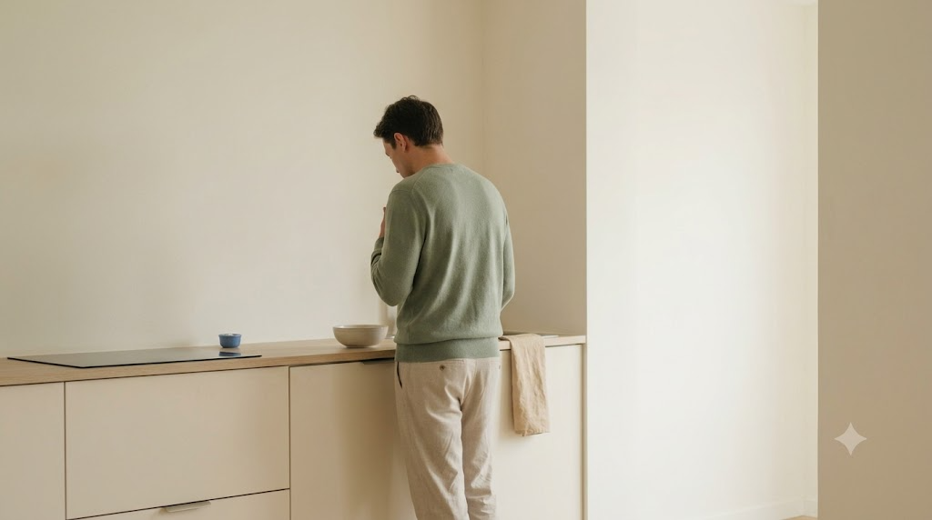 Seen from behind, a person stands still at a plain kitchen counter with a hand raised to their chest, humming.