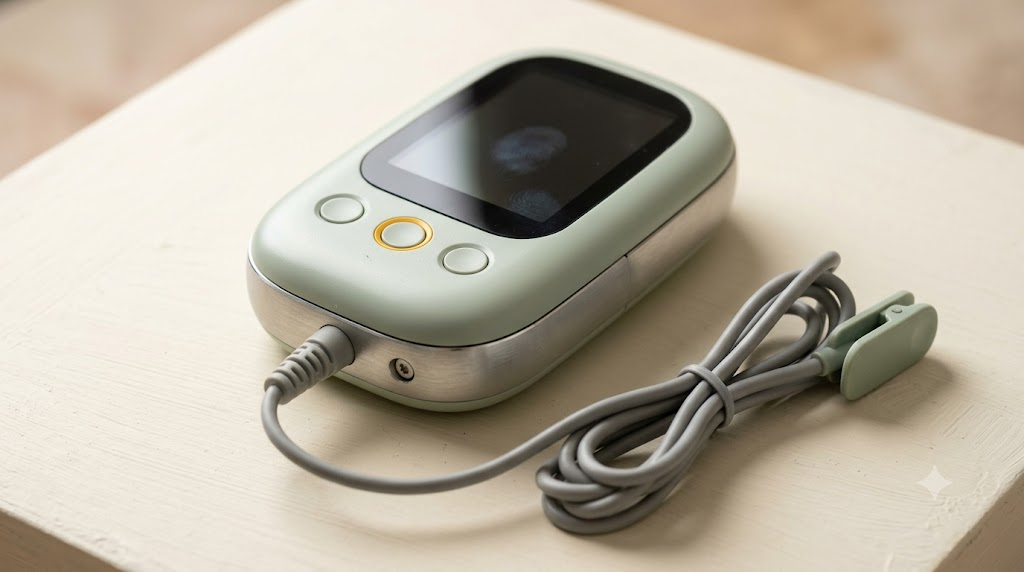 A small handheld light therapy device with a short cable and clip-on applicator on a matte cream painted board.