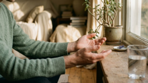 A pair of open upturned hands mid breath by a sunlit windowsill with a leggy plant.