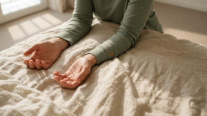 A pair of open hands resting loosely on rumpled cream linen bedsheets in low morning light.
