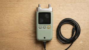 An overhead flat lay of a compact sage handheld nerve stimulator with a coiled cable on an oak surface.