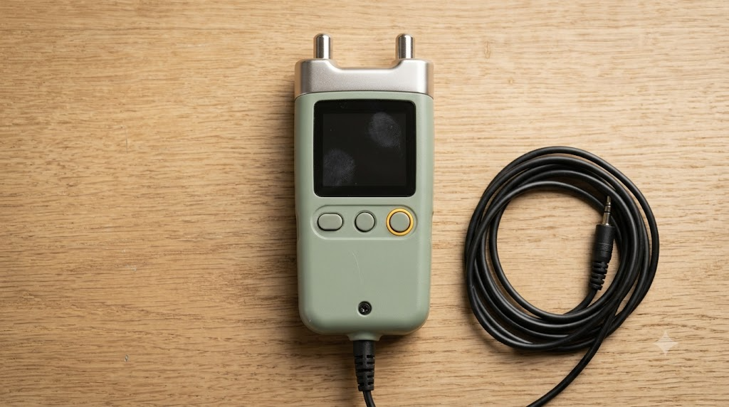 An overhead flat lay of a compact sage handheld nerve stimulator with a coiled cable on an oak surface.
