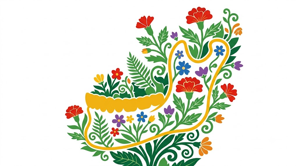 A flat vector folk-art illustration of a human jaw on a white background.