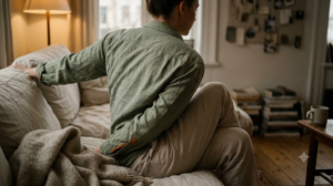 A person eases into a slow seated yoga twist on a sofa in warm lamplight.