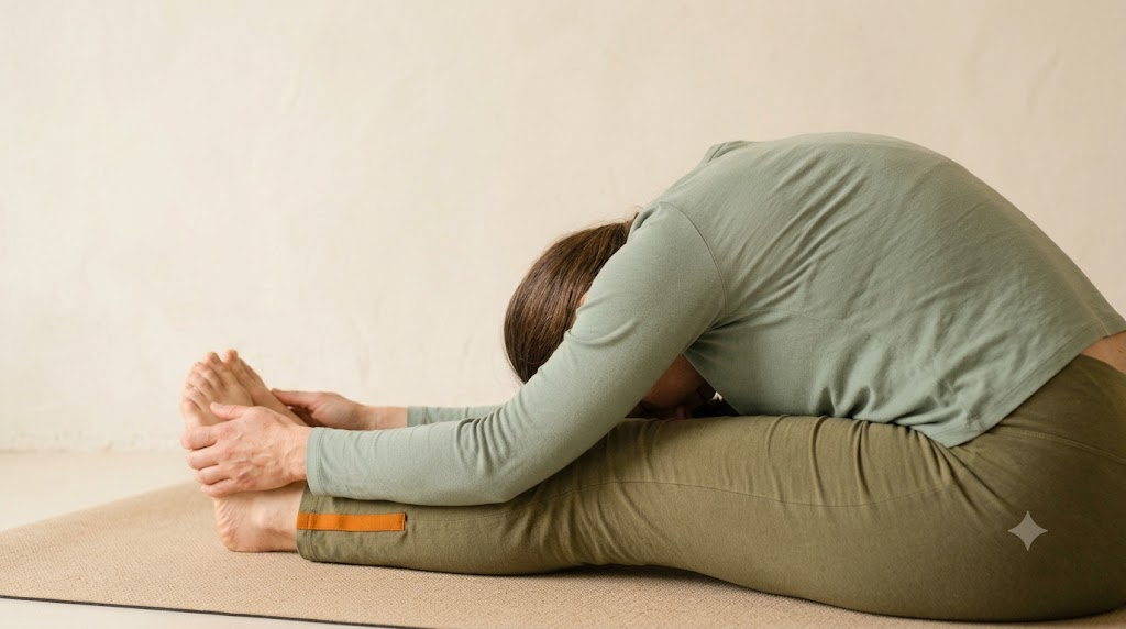 A person in a seated forward fold on a yoga mat in soft natural light.
