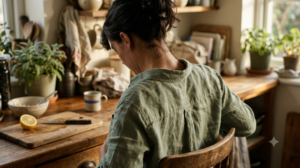 A close photograph from behind of a person rolling their shoulders back and lengthening their spine in a seated yoga posture in a sunlit kitchen.