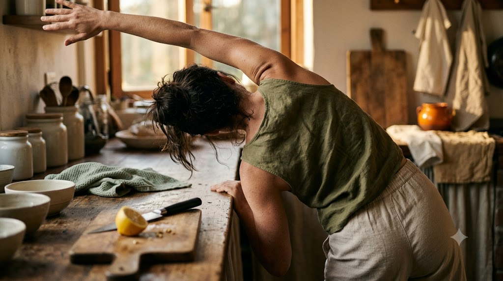 A person easing into a standing yoga side stretch with one arm overhead in a warm kitchen.