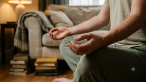 Close on a pair of hands resting palms up on the knees in a seated yoga pose, warm lamplight behind.