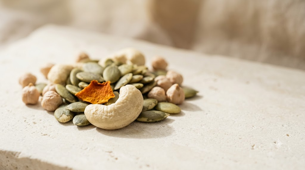 A close macro still life photograph of raw pumpkin seeds, whole cashews and dried chickpeas on a pale stone slab in soft side light.