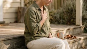 A woman seated on a low step hums with one hand flat on her chest, shoulders dropped in warm morning light.