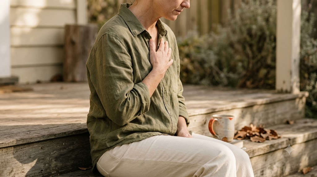 A woman seated on a low step hums with one hand flat on her chest, shoulders dropped in warm morning light.