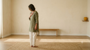 A woman humming with one hand resting flat on her chest.
