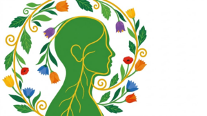 Flat vector folk-art illustration of a human head and neck with the vagus nerve traced down it, surrounded by stylised blooms and foliage on a white background.