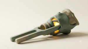 Low-angle clay sculpture of a sage-green tuning fork shaped like a throat, glowing warm gold from within its hollow.