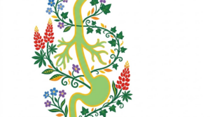 A flat vector folk-art illustration of a human vagus nerve surrounded by stylised flowers and a golden vine on a white background.