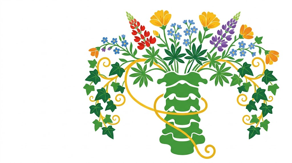 A flat folk-art vector illustration of a cervical spine with lupins, forget me nots and ivy arching over it.