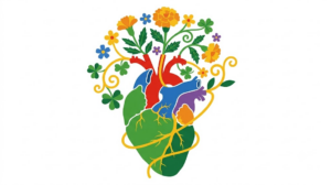 A flat folk-art vector illustration of a human heart with marigolds, blossoms and clover arching over it on white.