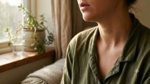 A person humming a low steady note by a sunlit windowsill, cropped at the chin.