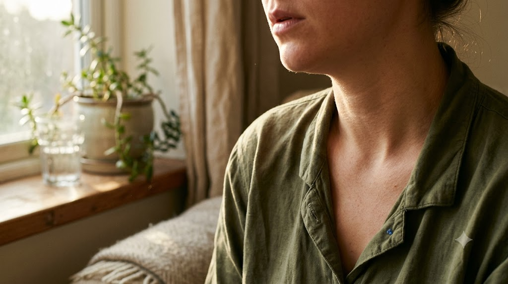 A person humming a low steady note by a sunlit windowsill, cropped at the chin.