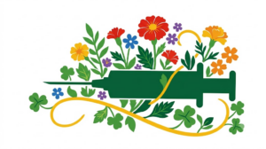 A flat folk-art vector illustration of a medical syringe silhouette against a stylised marigold and blossom garden on a white background.