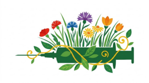 A flat folk-art vector illustration of a syringe with stylised flowers and leaves growing behind it and a golden vine winding across on a white background.