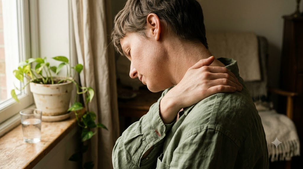 Over the shoulder view of a person rolling their head slowly to release their neck by a window.