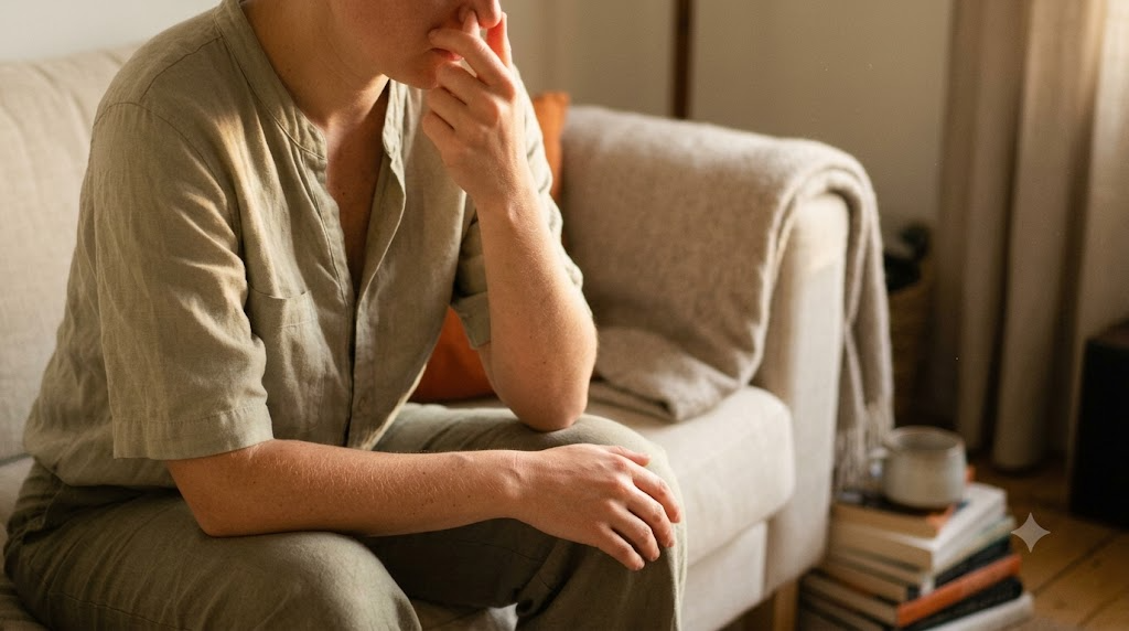 A person closing one nostril with a fingertip while breathing in slowly in a warm room