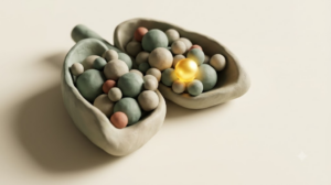 Clay lung-shaped hollows filled with clusters of small sage and terracotta spheres around one glowing golden bead of light.