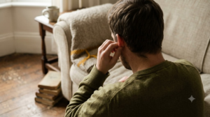Seen from behind on a sofa, a person rubs their earlobe slowly between finger and thumb in soft window light.