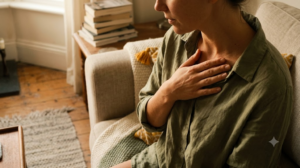 A close view from just above of a person humming on a sofa with one hand resting flat on their collarbone in early morning light.