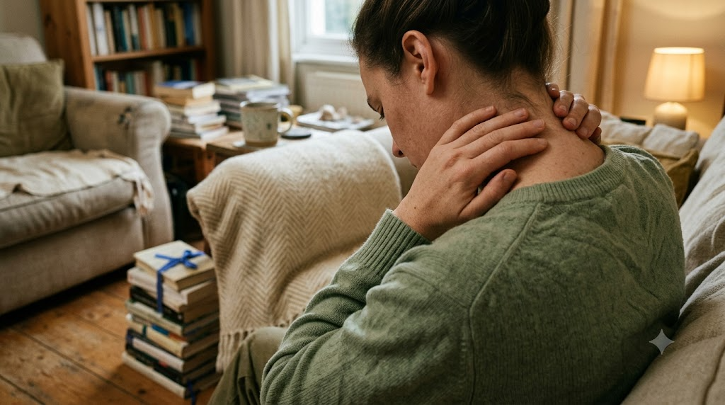 An over the shoulder view of a person on a sofa kneading the muscle at the side of their own neck with their fingers in warm lamplight.