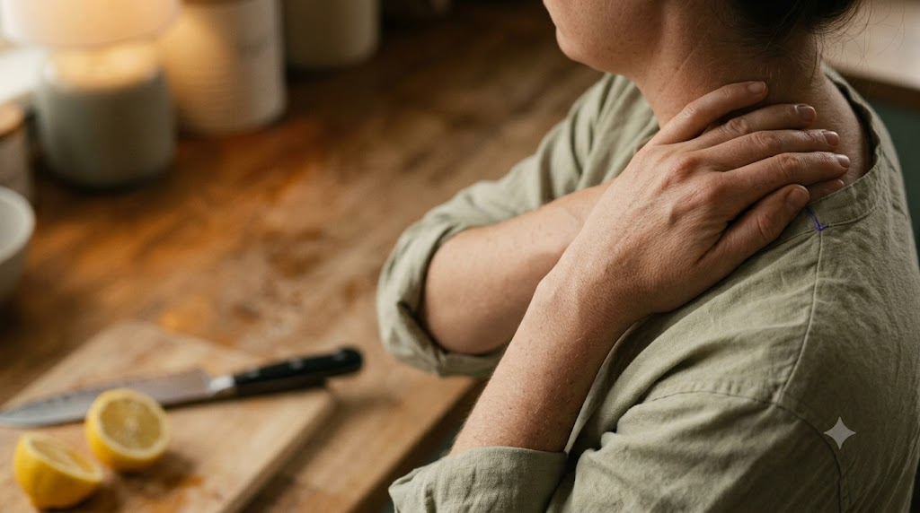 Seen from just above at a wooden counter, a person kneads the muscle at the base of their neck in warm lamplight.