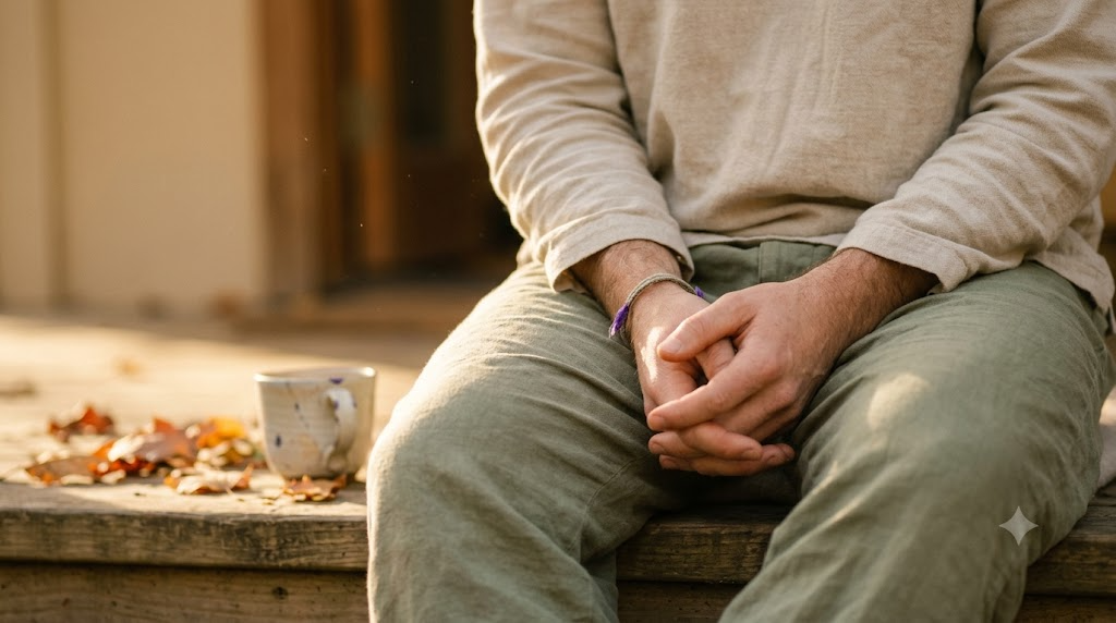 A person sitting on a low step outdoors with loosely folded hands after meditating.