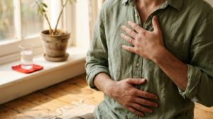 A close, warm photograph of a person taking a slow deep breath with one hand on their chest and the other on their belly beside a sunlit windowsill.