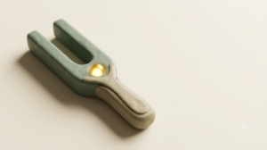 A soft matte clay render of a handheld nerve stimulator shaped as a double pronged tuning fork, with a single bright golden light element.