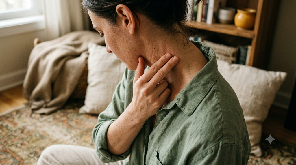 A person massaging the side of their own neck with two fingertips in a warm room
