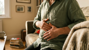 A person massaging their own stomach in slow circles with both hands in a warm, lived-in room.