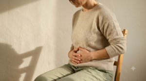 A person massaging their own stomach in slow circles, photographed in soft natural light.