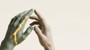 Two clay hands in sage and putty reach toward each other with fingertips apart, a bright golden seam running along one hand.