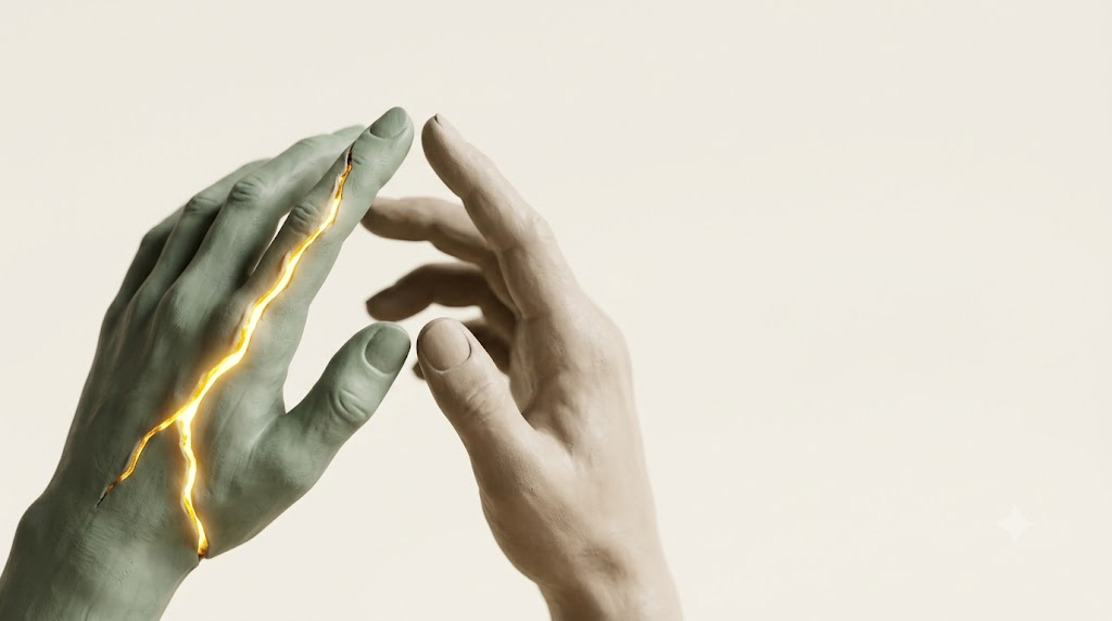 Two clay hands in sage and putty reach toward each other with fingertips apart, a bright golden seam running along one hand.